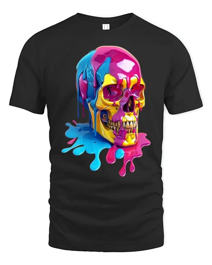 Color Splash Skull Graphic T Shirt Bold Streetwear Art Style - black t-shirt on white background