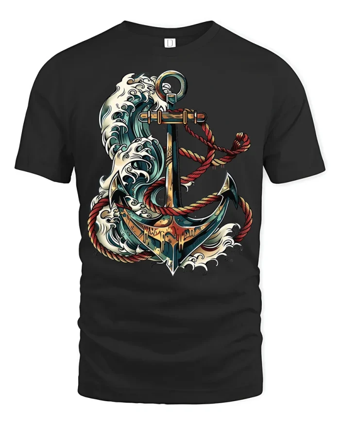 Nautical Anchor Ocean Wave Graphic T Shirt Vintage Sailor Style - black t-shirt on white background