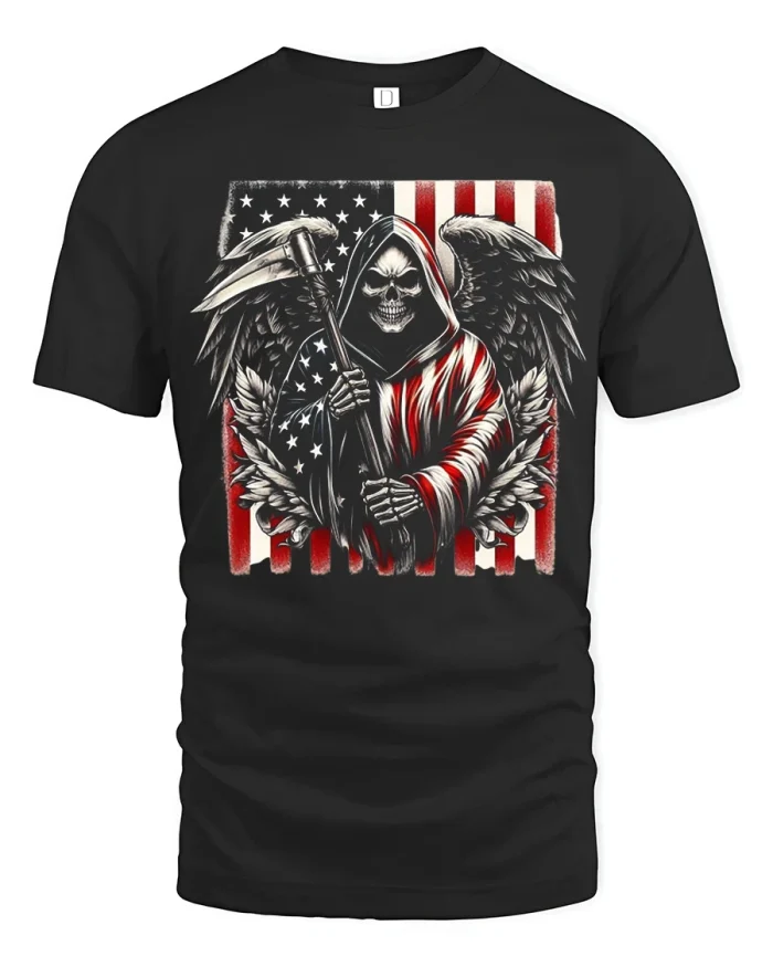 Patriotic Grim Reaper American Flag Skull Graphic T Shirt - black t-shirt on white background