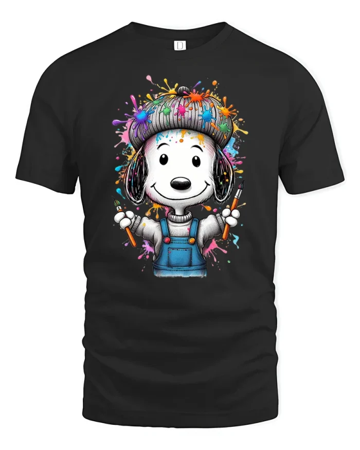 Cute Painter Dog Cartoon Splash Art Graphic T Shirt - black t-shirt on white background