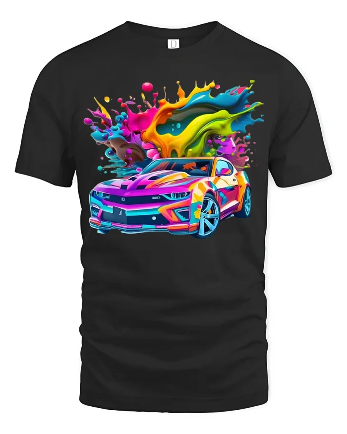 Color Splash Muscle Car Graphic Racing Style T Shirt - black t-shirt on white background