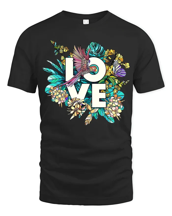 Tropical Love Parrot Floral Graphic Cute T Shirt - black t-shirt on white background