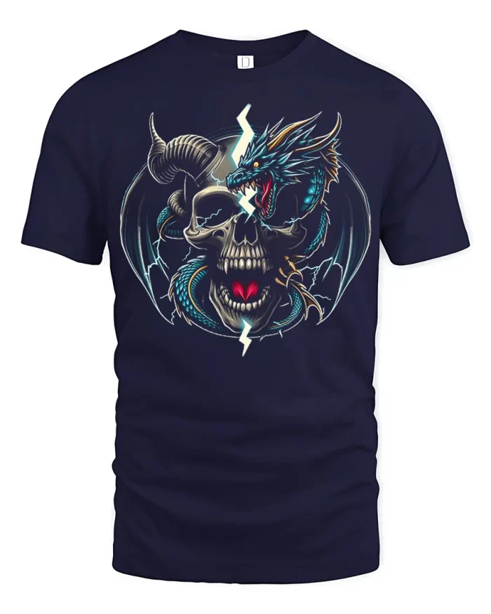 Dragon Skull Lightning T Shirt Dark Fantasy Graphic Tee - navy t-shirt on white background