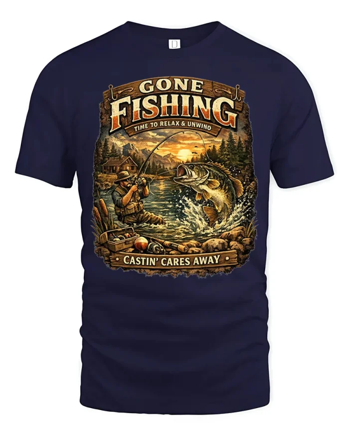 Gone Fishing T Shirt Relax And Unwind Lake Graphic Tee - navy t-shirt on white background