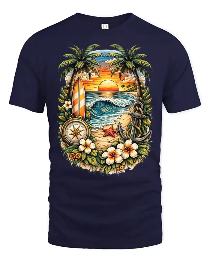 Sunset Beach Paradise Graphic T Shirt with Surfboard Anchor Vibes - navy t-shirt on white background