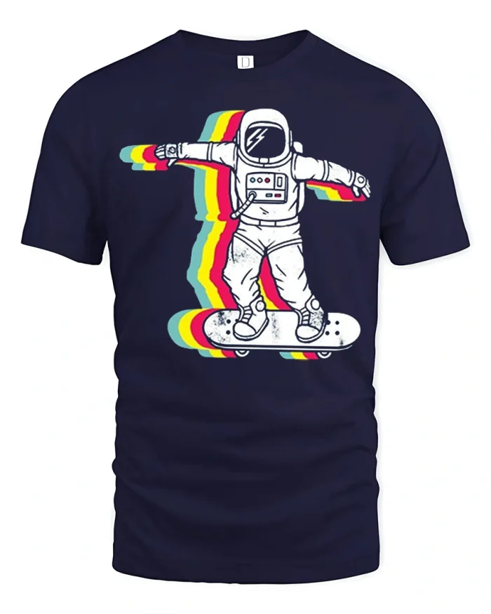Retro Astronaut Skateboard T Shirt Funny Space Skater Graphic Tee - navy t-shirt on white background