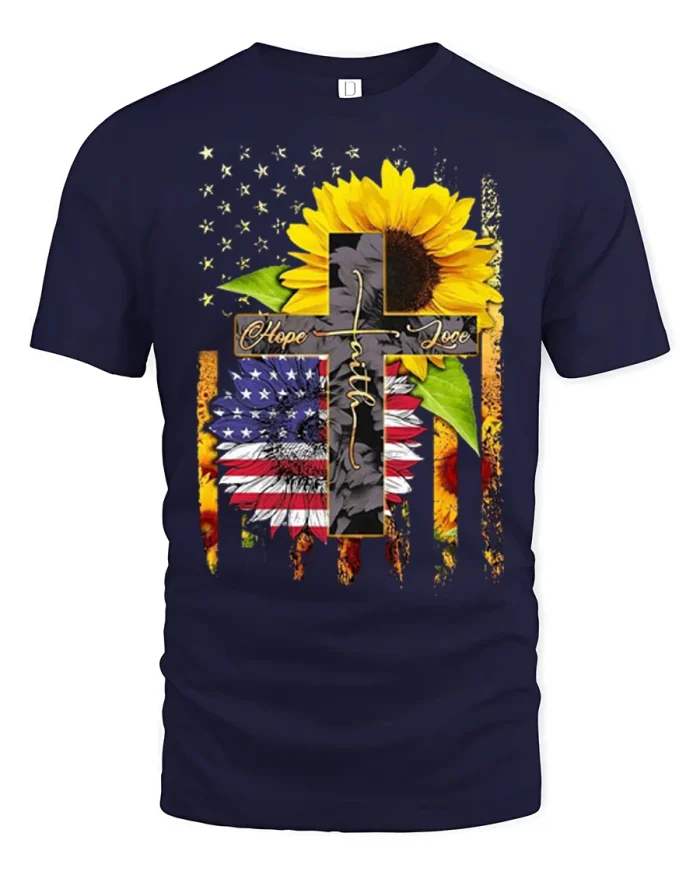 Faith Cross Sunflower American Flag Graphic T Shirt Hope Love - navy t-shirt on white background