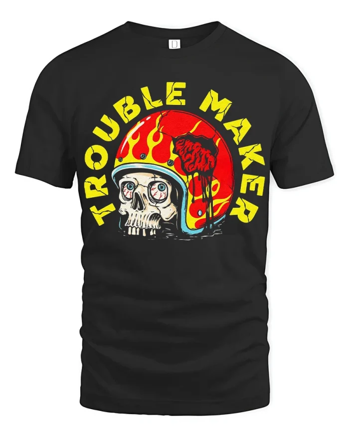 Trouble Maker Skull Helmet Graphic T Shirt Bold Rebel Vibe - black t-shirt on white background