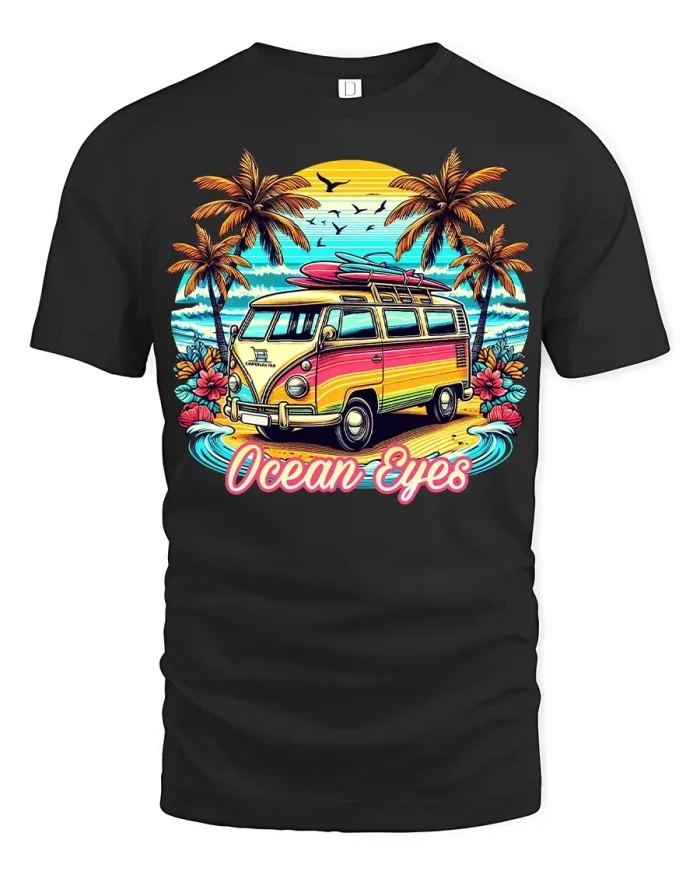 Ocean Eyes Surf Van Beach Graphic Tshirt Retro Summer Vibe - black t-shirt on white background