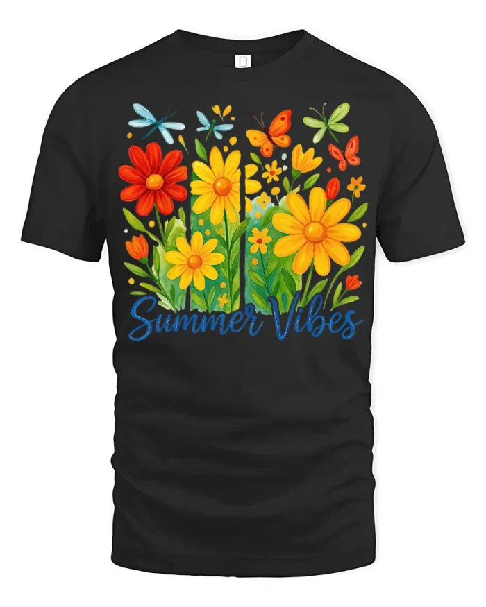 Summer Vibes Floral Garden Graphic Tshirt Bright Nature Style - black t-shirt on white background