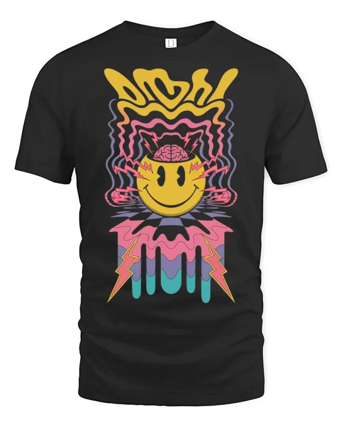 Trippy Smiley Brain Melt Graphic Tshirt Psychedelic Vibe - black t-shirt on white background