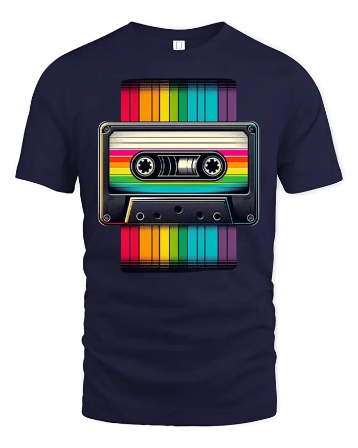 Retro Cassette Tape Rainbow Graphic Tshirt Vintage Music Vibe - navy t-shirt on white background
