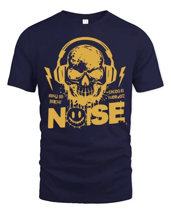 Skull Headphones Noise Graphic Tshirt Loud Music Street Style - navy t-shirt on white background