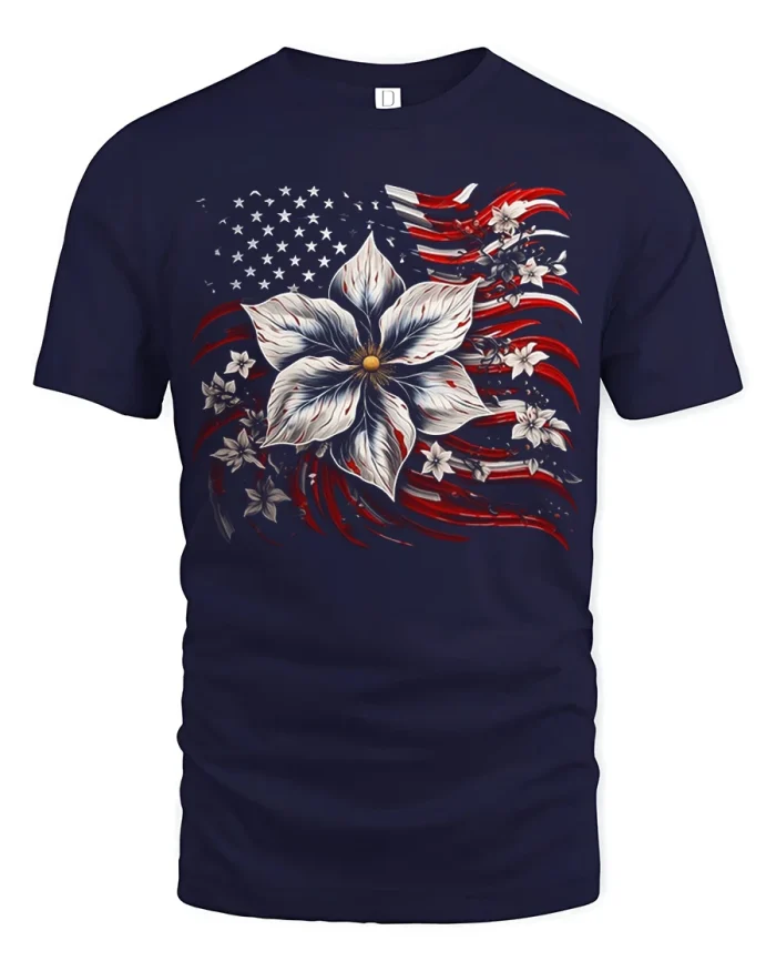 American Flag Floral Bloom Graphic Tshirt Patriotic Style - navy t-shirt on white background