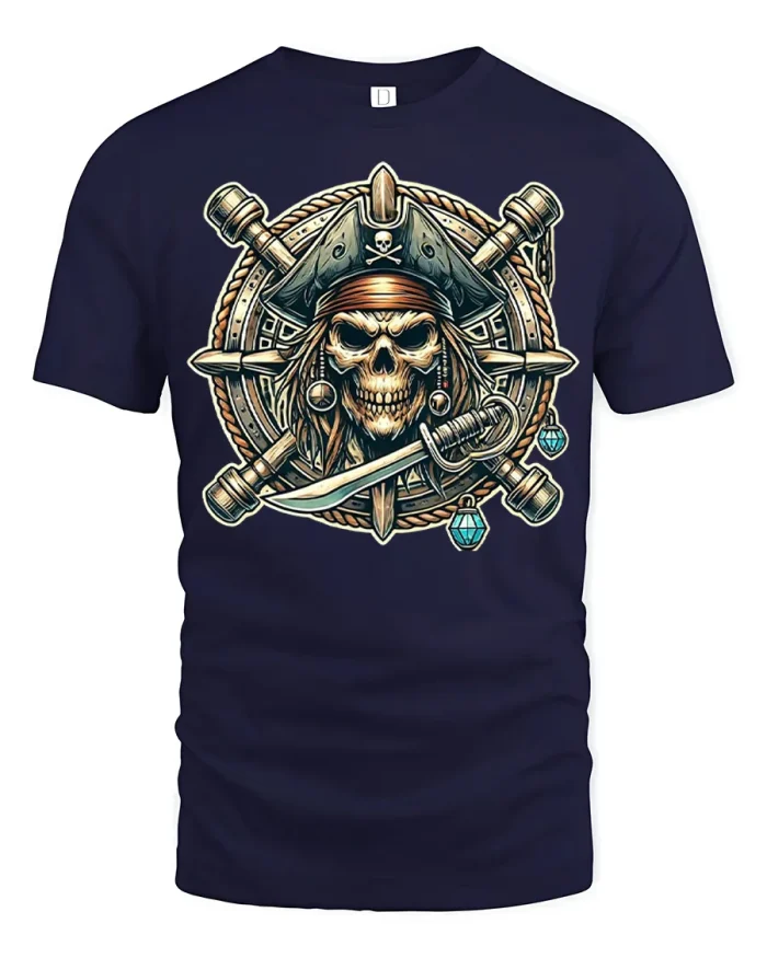 Pirate Skull Compass Graphic Tshirt Bold Ocean Adventure - navy t-shirt on white background