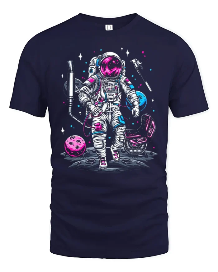 Neon Astronaut Space Walk Graphic Tshirt Cosmic Street Vibe - navy t-shirt on white background