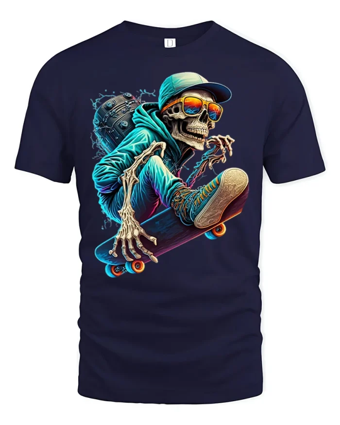Skateboarding Skull Street Graphic Tshirt Cool Urban Style - navy t-shirt on white background