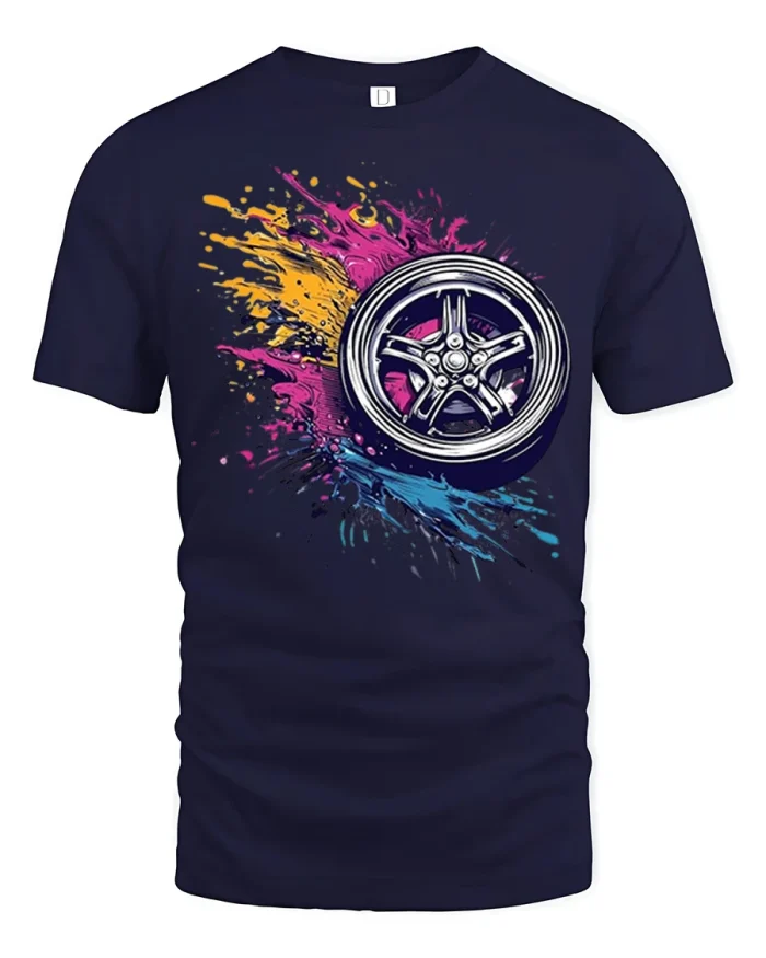 Color Splash Racing Wheel Graphic Tshirt Speed Street Style - navy t-shirt on white background