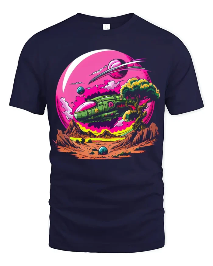 Retro Sci Fi Planet Spaceship Graphic Tshirt Cosmic Style - navy t-shirt on white background