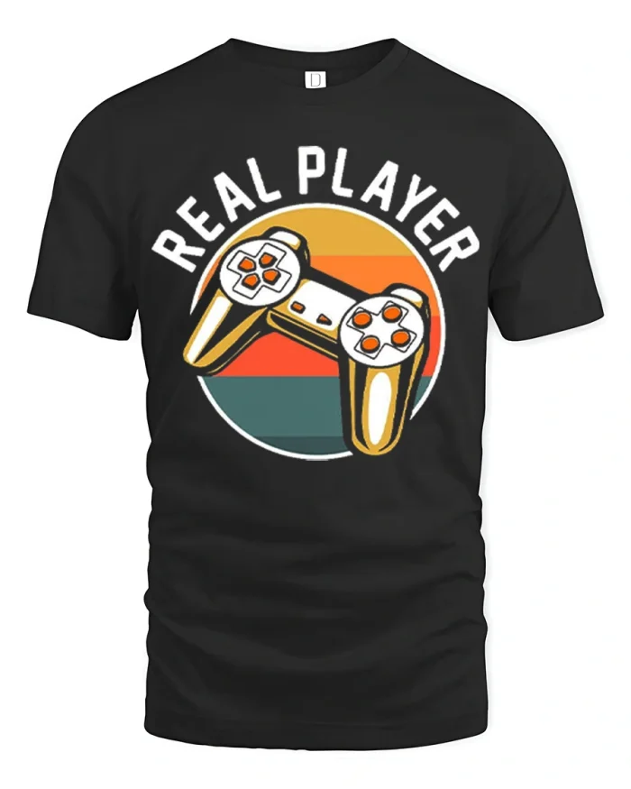 Real Player Gaming Controller Graphic Tshirt Retro Gamer Style - black t-shirt on white background