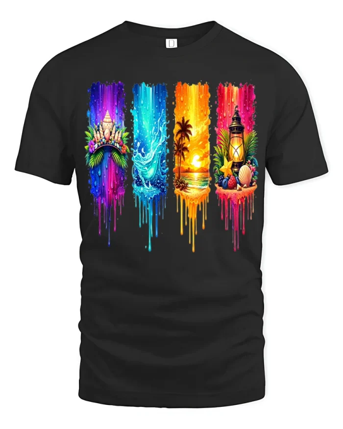Tropical Drip Beach Sunset Graphic Tshirt Colorful Summer Art - black t-shirt on white background