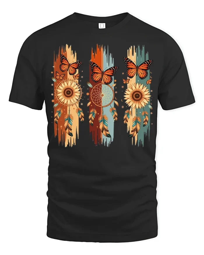 Boho Dreamcatcher Butterfly Sunflower Graphic Tshirt Style - black t-shirt on white background