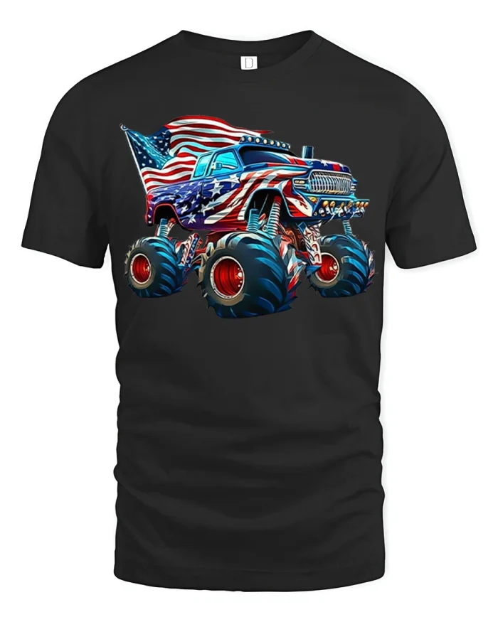 American Flag Monster Truck Graphic Tshirt Patriotic Power - black t-shirt on white background