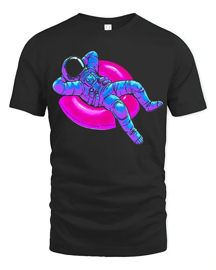 Floating Astronaut Chill Graphic Tshirt Neon Space Relax Vibe - black t-shirt on white background