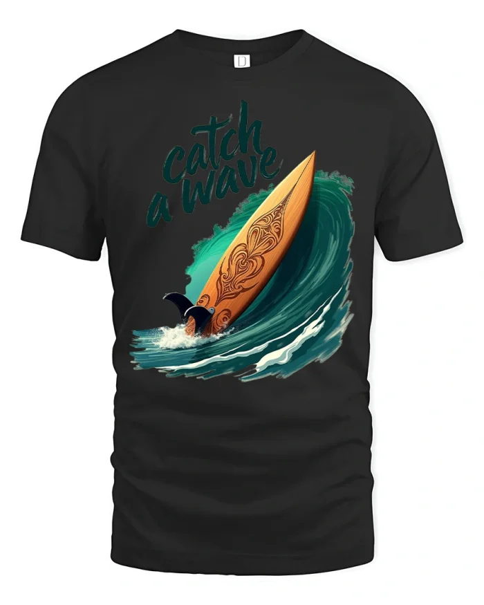 Catch A Wave Surfboard Graphic Tshirt Ocean Beach Vibe - black t-shirt on white background