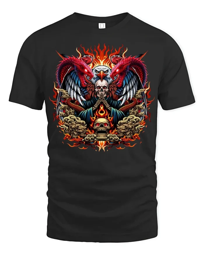 Dragon Eagle Skull Fire Graphic Tshirt Dark Fantasy Style - black t-shirt on white background