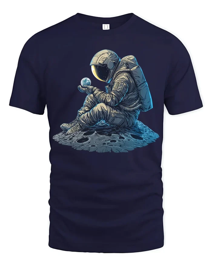 Lonely Astronaut Holding Planet Tshirt Space Dream Art Style - navy t-shirt on white background
