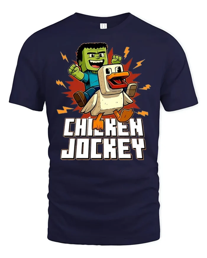 Funny Chicken Jockey Tshirt Gamer Pixel Adventure Style - navy t-shirt on white background