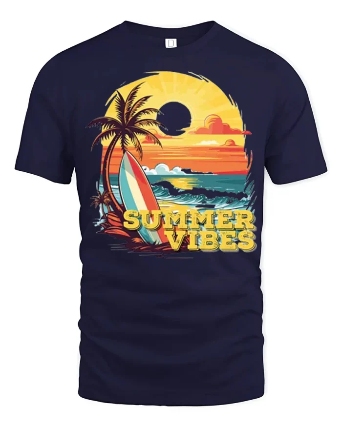 Summer Vibes Surf Beach Sunset Tshirt Retro Ocean Style - navy t-shirt on white background