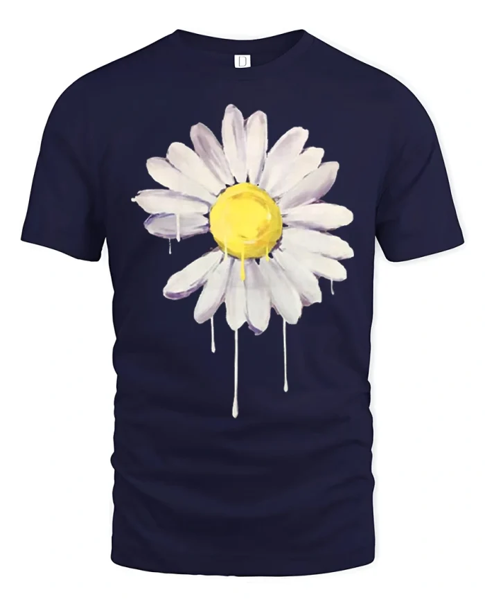 Artistic Daisy Flower Paint Drip Tshirt Minimal Aesthetic Style - navy t-shirt on white background