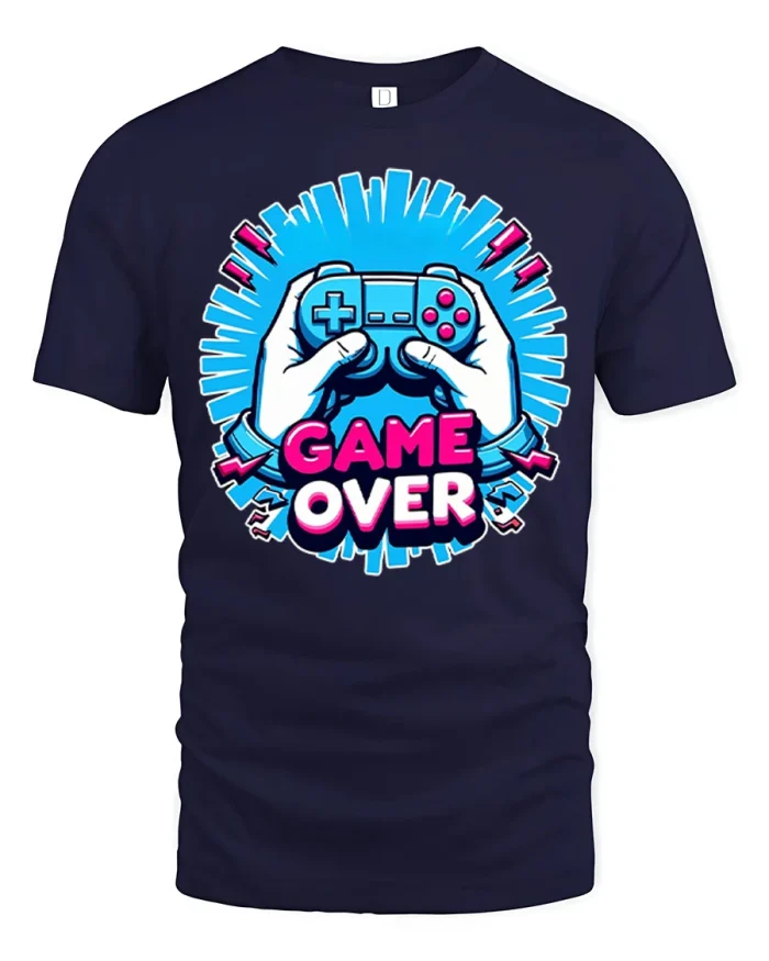 Game Over Gamer Controller Tshirt Funny Retro Gaming Style - navy t-shirt on white background