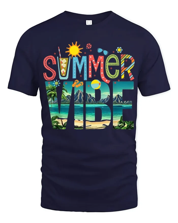 Summer Vibe Beach Scene Graphic Tshirt Tropical Vacation Style - navy t-shirt on white background