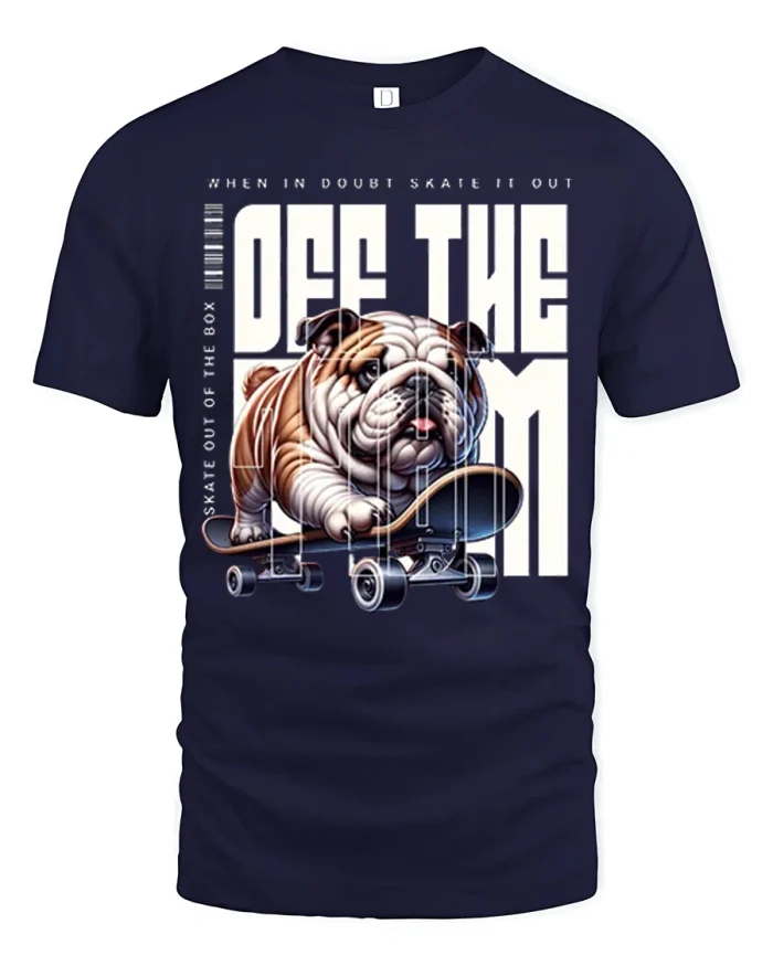 Funny Bulldog Skateboarding Off The Leash Tshirt Street Style - navy t-shirt on white background