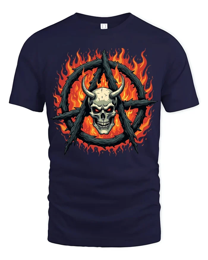 Fiery Skull Anarchy Symbol Tshirt Dark Gothic Rebel Style - navy t-shirt on white background