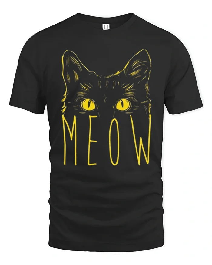 Minimalist Black Cat Meow Graphic Tshirt Cute Aesthetic Style - black t-shirt on white background