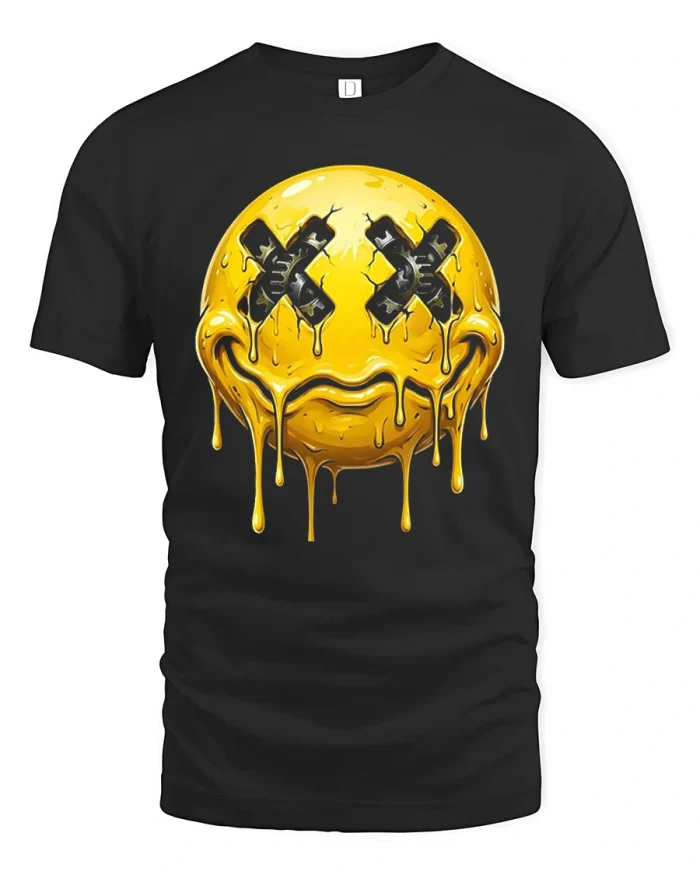Melting Smiley Face Graphic Tshirt Drip Art Cool Street Style - black t-shirt on white background