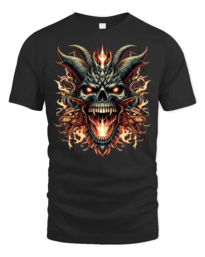 Fiery Demon Skull Dragon Graphic Tshirt Dark Gothic Style - black t-shirt on white background