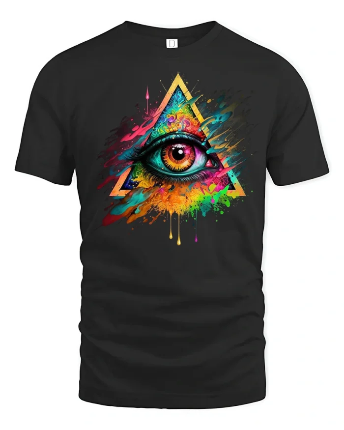 Colorful All Seeing Eye Triangle Graphic Tshirt Artistic Style - black t-shirt on white background