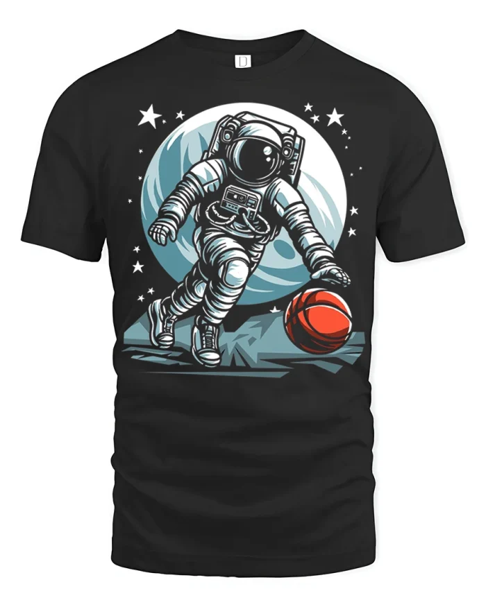 Astronaut Playing Basketball Space Graphic Tshirt Fun Style - black t-shirt on white background