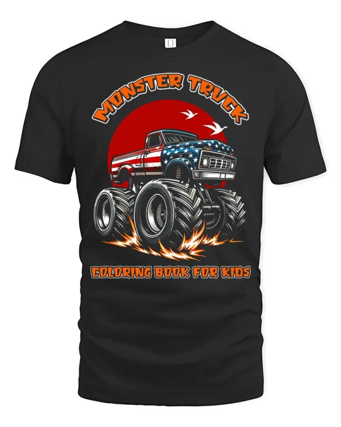Monster Truck Kids Coloring Style Graphic Tshirt Fun Design - black t-shirt on white background