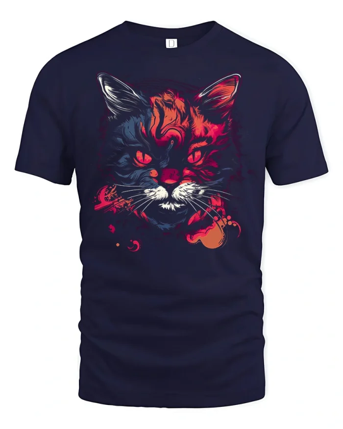 Neon Wild Cat Face Graphic T Shirt Bold Street Art Style - navy t-shirt on white background