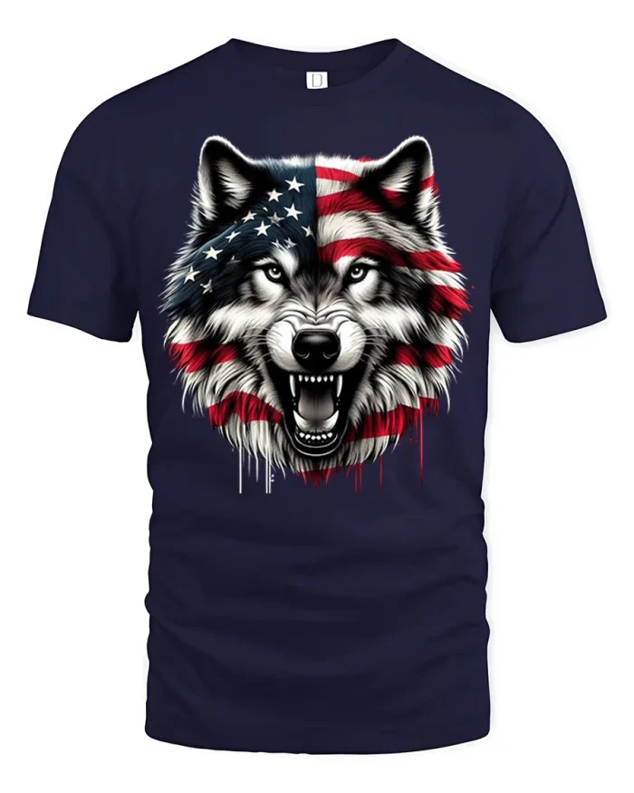 American Flag Wolf Face Graphic T Shirt Patriotic Wild Style - navy t-shirt on white background