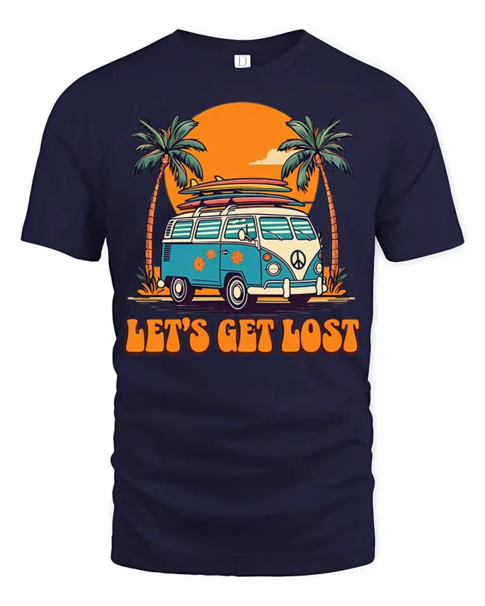 Lets Get Lost Retro Van Beach Graphic T Shirt Travel Vibes - navy t-shirt on white background