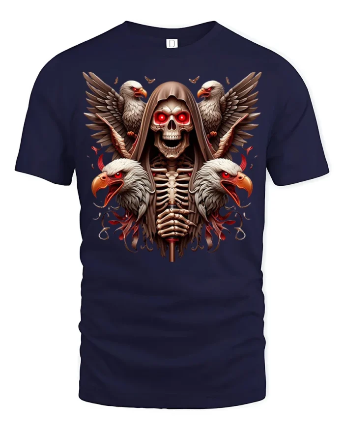 Grim Reaper Eagle Skull Graphic T Shirt Dark Patriotic Style - navy t-shirt on white background