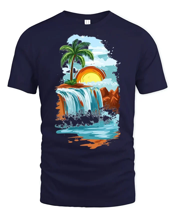 Tropical Sunset Waterfall Paradise Graphic T Shirt Vibes - navy t-shirt on white background
