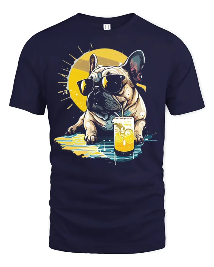 Cool French Bulldog Drinking Lemonade Graphic T Shirt Vibes - navy t-shirt on white background